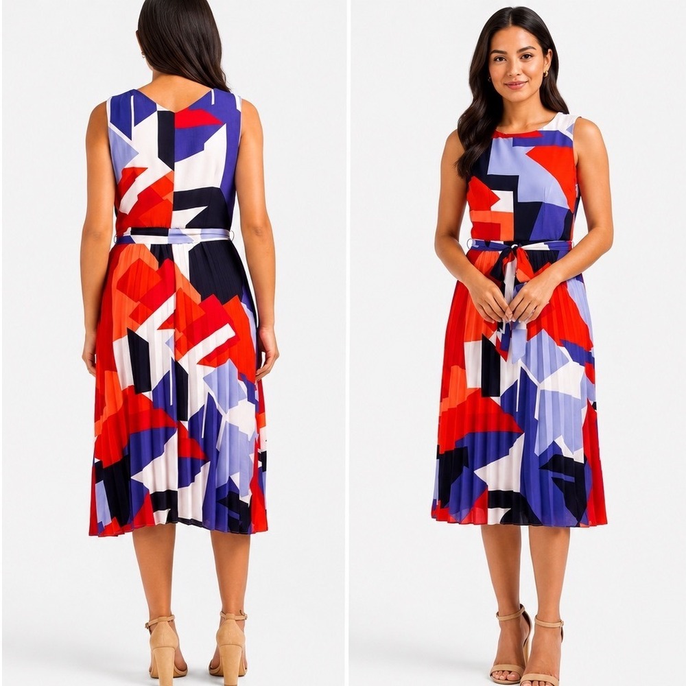 Donna Ricco Pleated Midi Cocktail Dress Geometric Wedding Guest Summer 2
